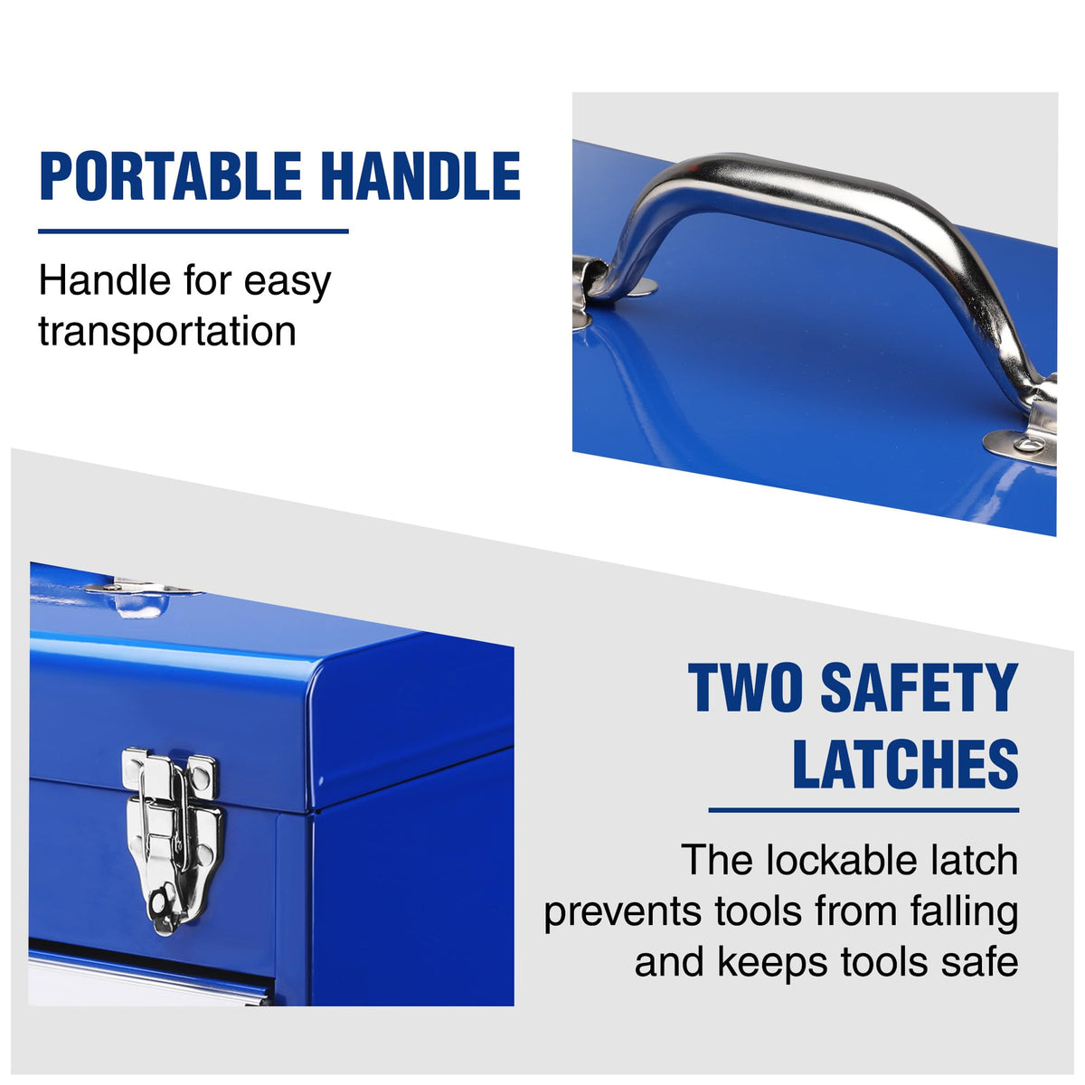 WORKPRO tool box top handle enables easy carrying anytime.