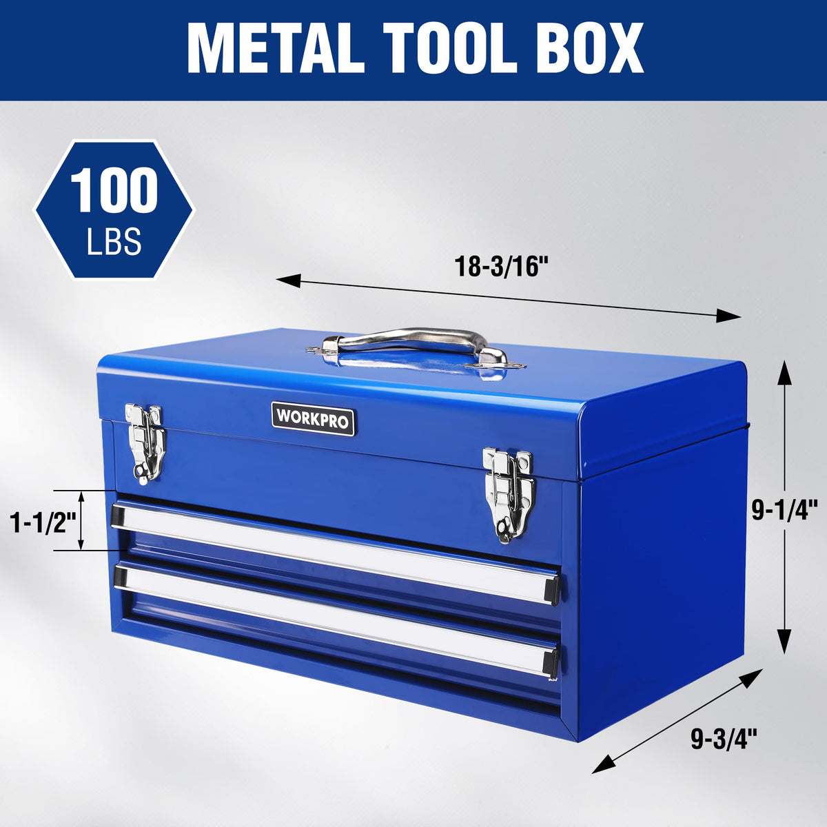 WORKPRO tool box with two drawers and top compartment offers secure, clutter-free tool storage.
