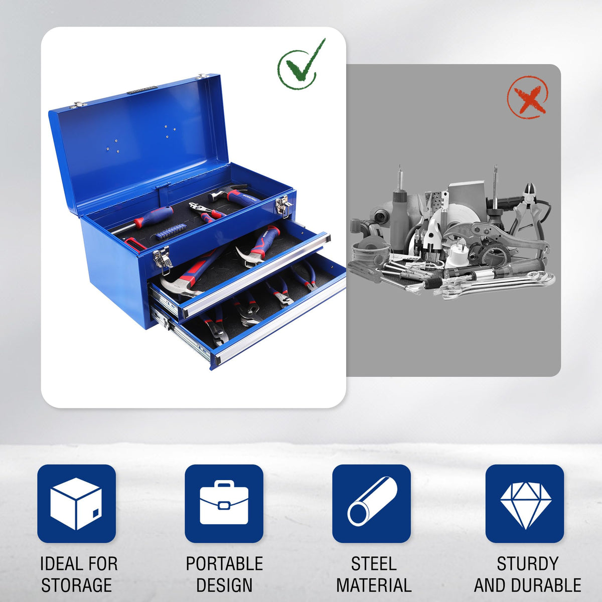 WORKPRO tool box is suitable for garage, workshop, or home organization tasks.