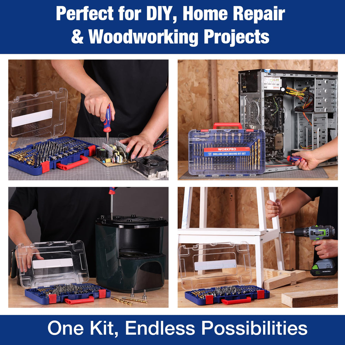 WORKPRO Tools in use on wood and metal surfaces for real-world projects.