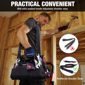 WORKPRO top mouth with internal frame keeps bag upright for easy tool pickup.