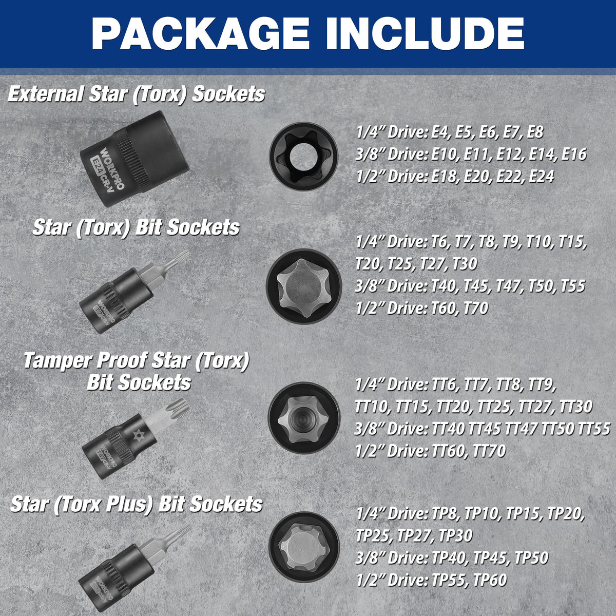 WORKPRO Torx bit sockets from T6 to T70 enable versatile mechanical tasks.