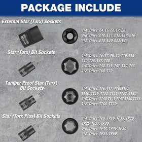 WORKPRO Torx bit sockets from T6 to T70 enable versatile mechanical tasks.