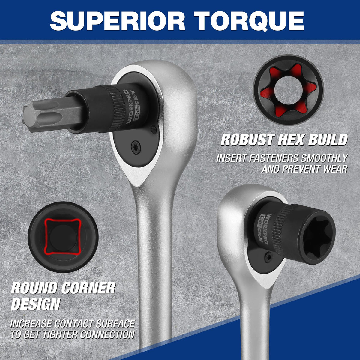 WORKPRO E sockets E4–E24 provide precise fit for fastener access.