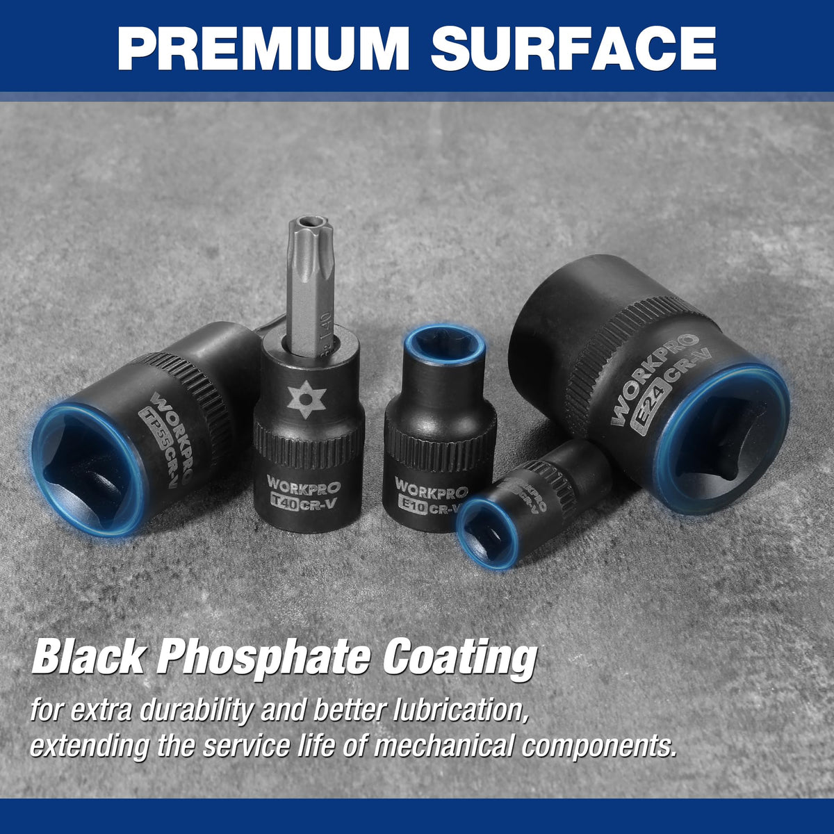 WORKPRO sockets showcase black phosphate coating for durability and smooth lubrication.