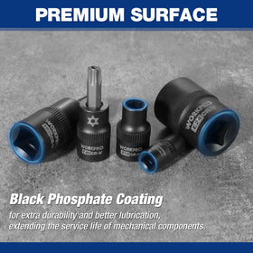 WORKPRO sockets showcase black phosphate coating for durability and smooth lubrication.