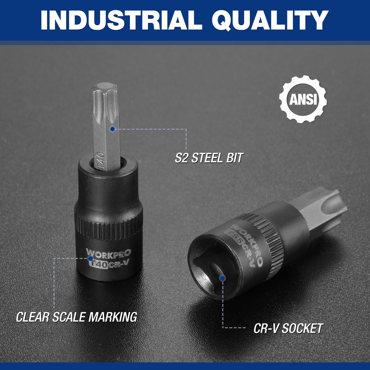 WORKPRO Tamper TT6–TT70 sockets support security-fastener work.