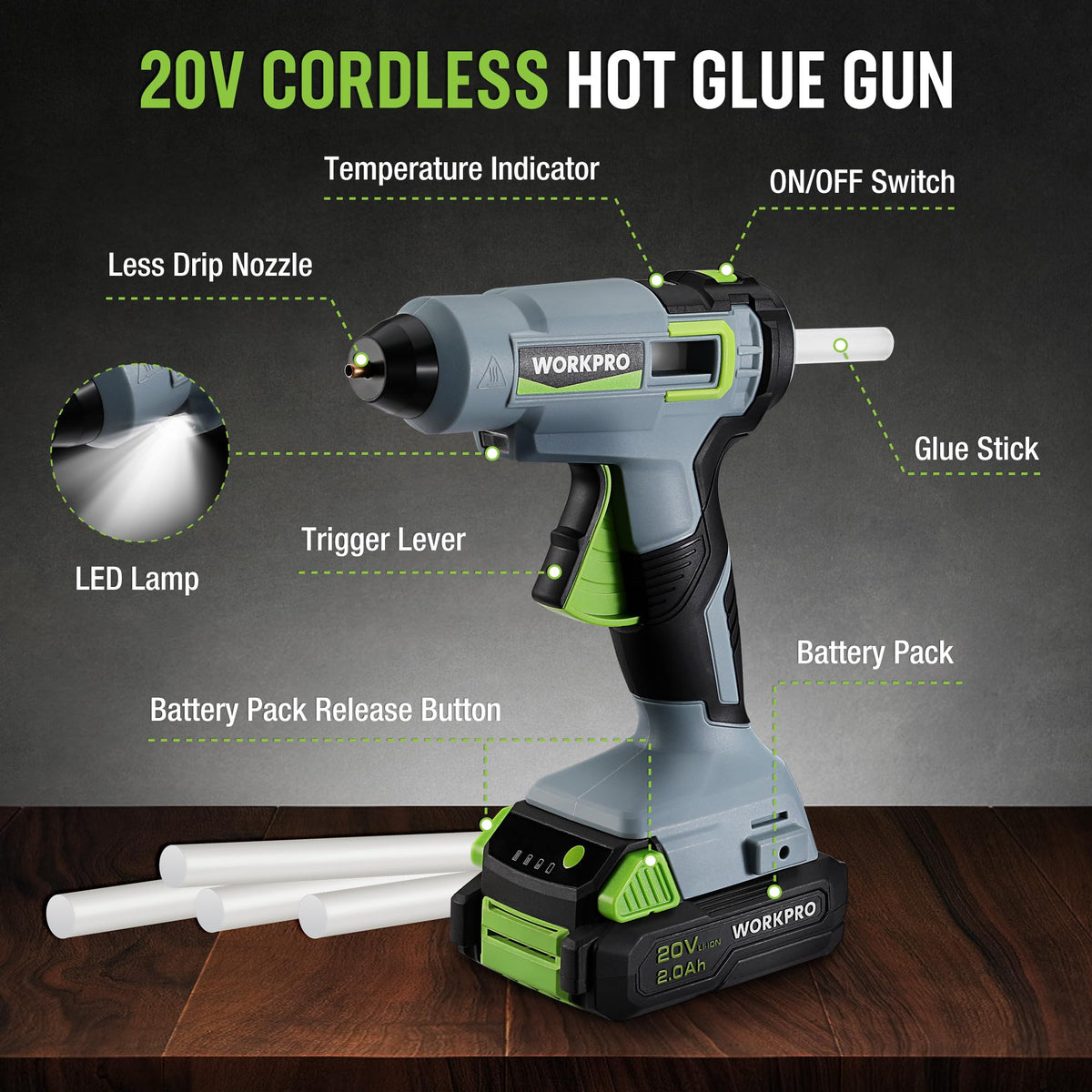 Two-finger trigger for precise glue flow control on WORKPRO gun.