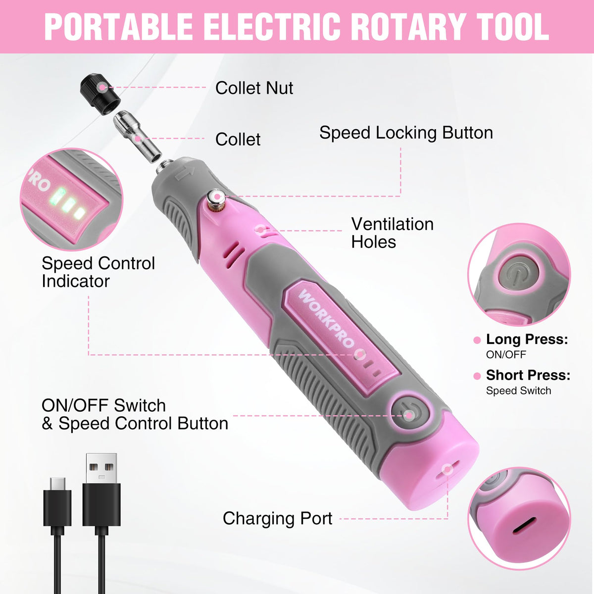 WORKPRO USB rechargeable mini tool ideal for engraving, sanding, and polishing