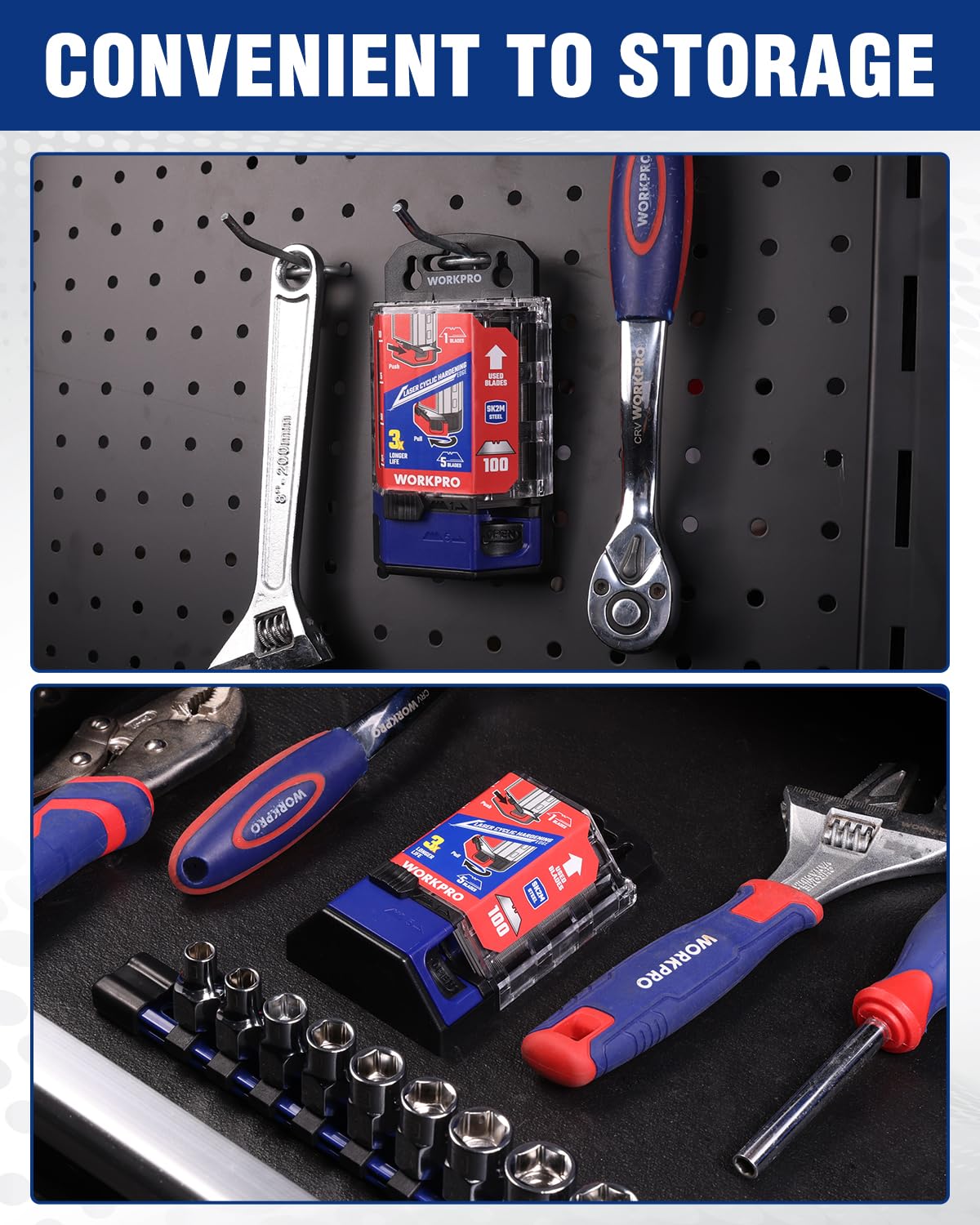 WORKPRO used-blade compartment stores spent blades safely.