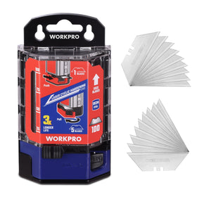 WORKPRO utility blades 100-pack dispenser for quick replacements on busy jobs.
