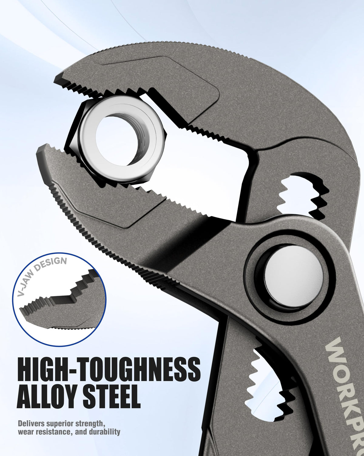 WORKPRO V-jaw multi-surface grip securely holding diverse shapes.