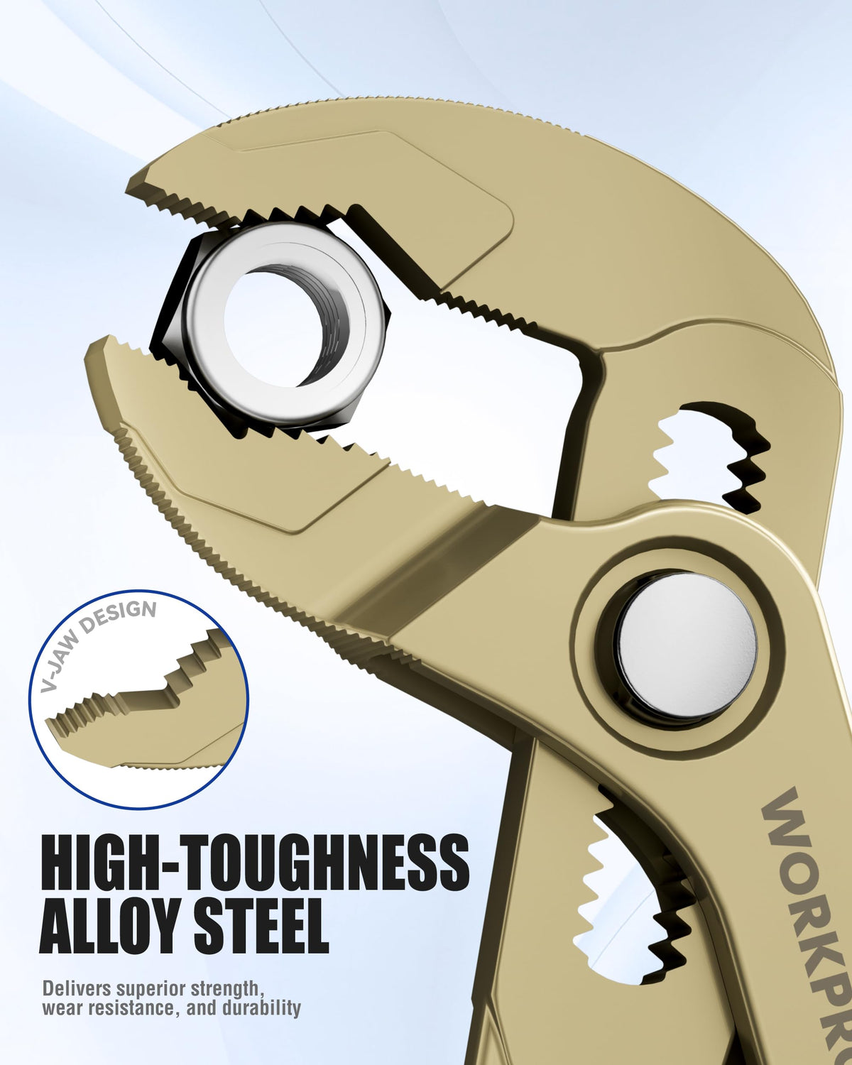 WORKPRO V-Jaw grips multiple surfaces for secure turning.