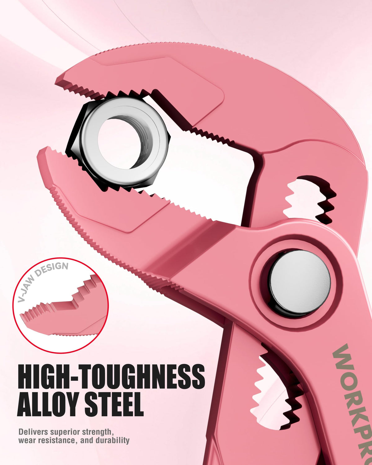 WORKPRO V-jaw provides multi-surface grip on rounds, flats, and hex shapes.
