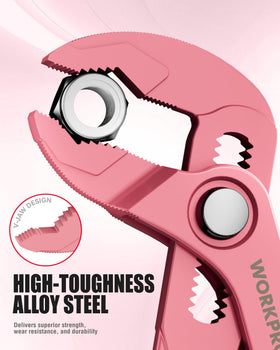 WORKPRO V-jaw provides multi-surface grip on rounds, flats, and hex shapes.