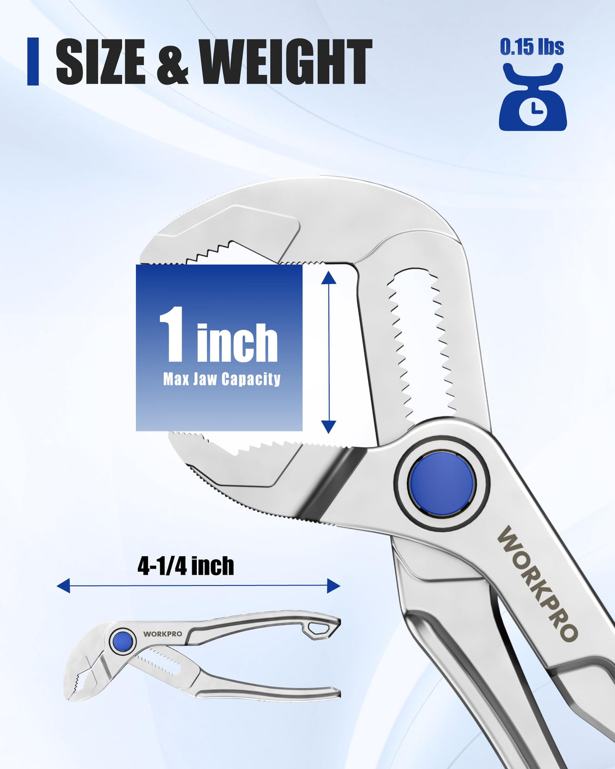 WORKPRO V-jaw multi-surface grip demonstrates firm hold on round, flat, and square objects.