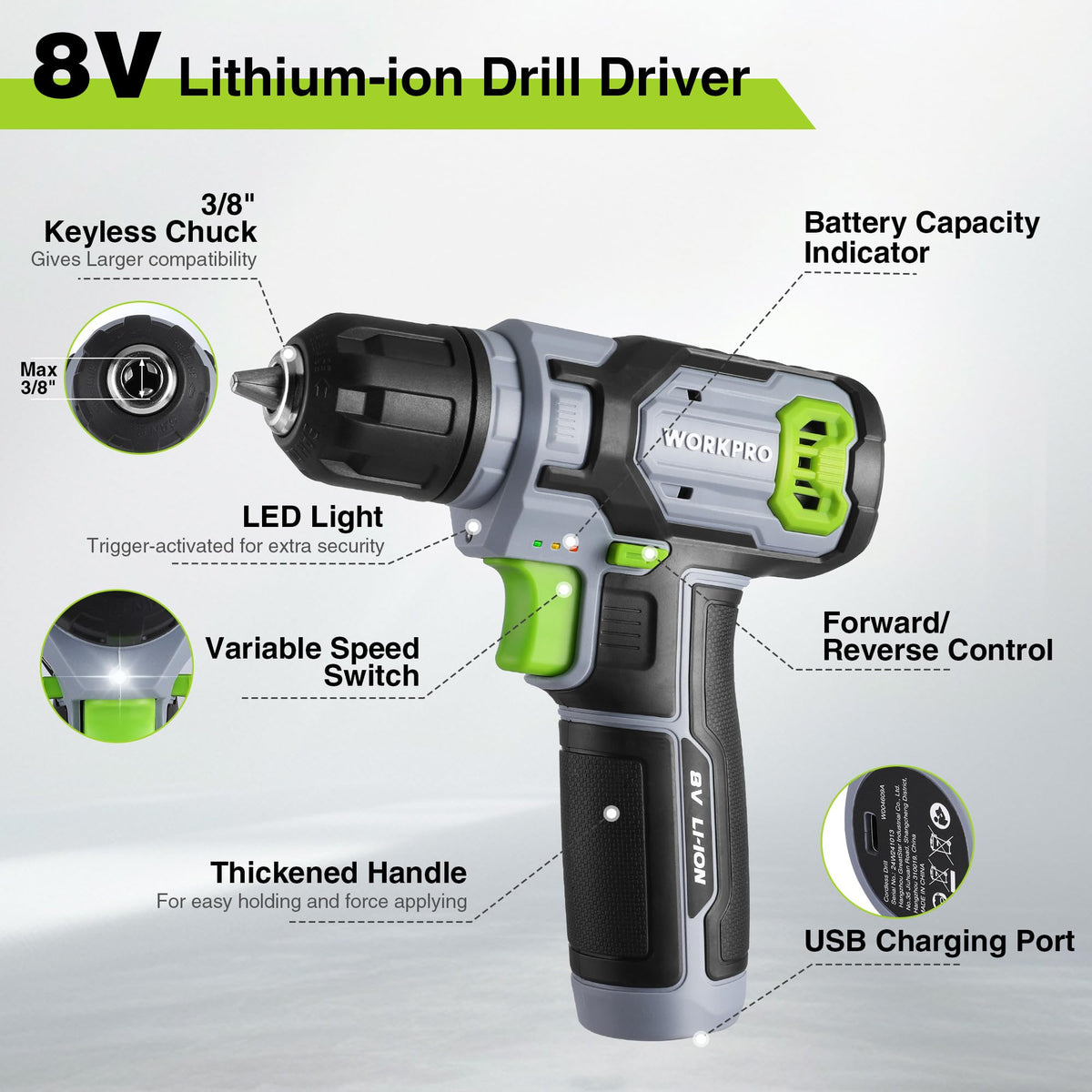 Workpro variable speed trigger provides precise control up to 800 rpm