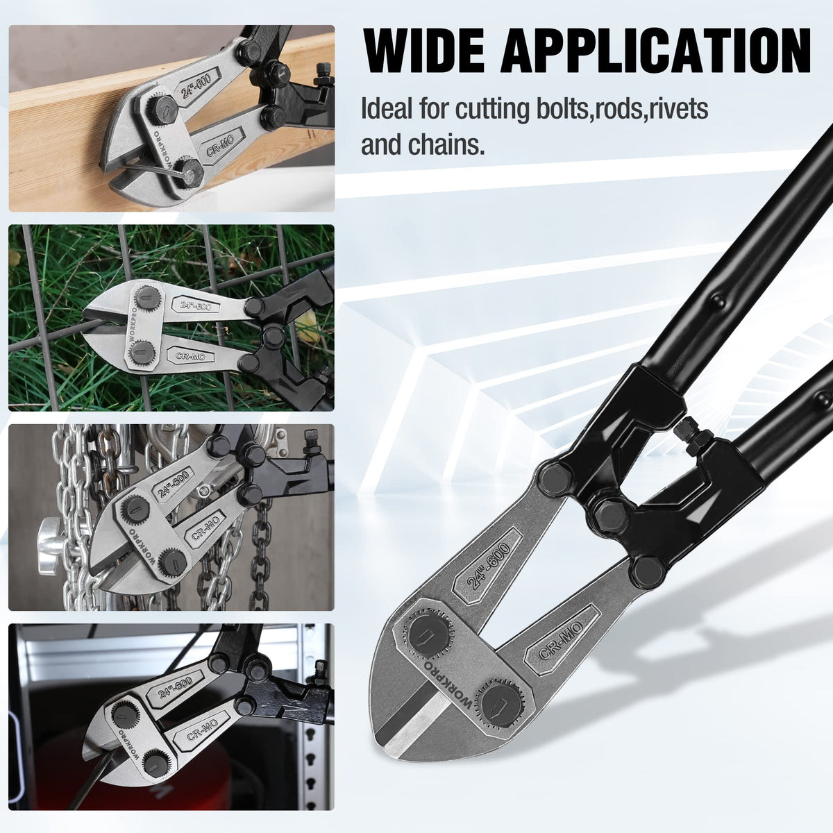 WORKPRO W017006A in action cutting bolts, rivets, and chain in a workshop