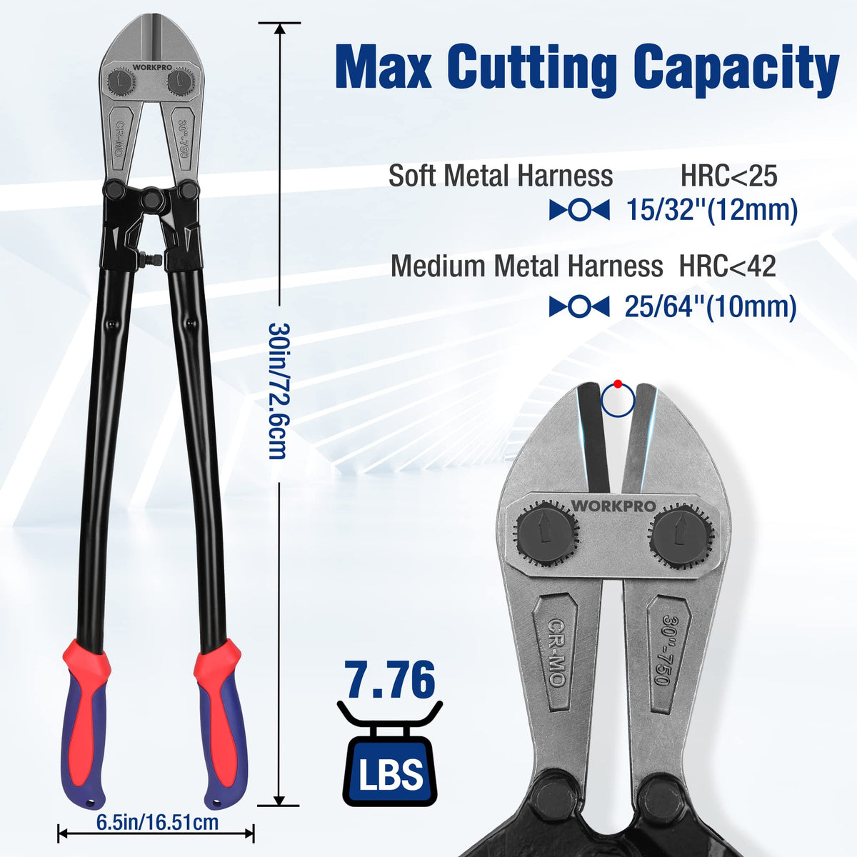 WORKPRO W017007A shows cutting capacity: 10 mm hard metals and 12 mm soft metals.