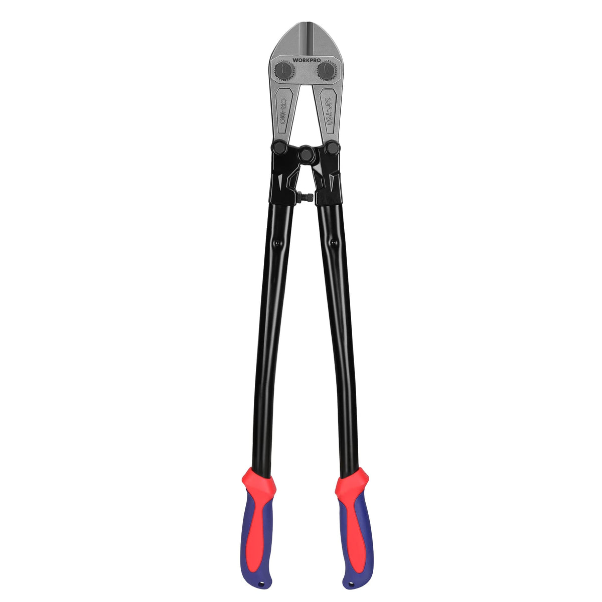 WORKPRO W017007A bolt cutter jaw closeup highlights durable chrome molybdenum steel for longevity.
