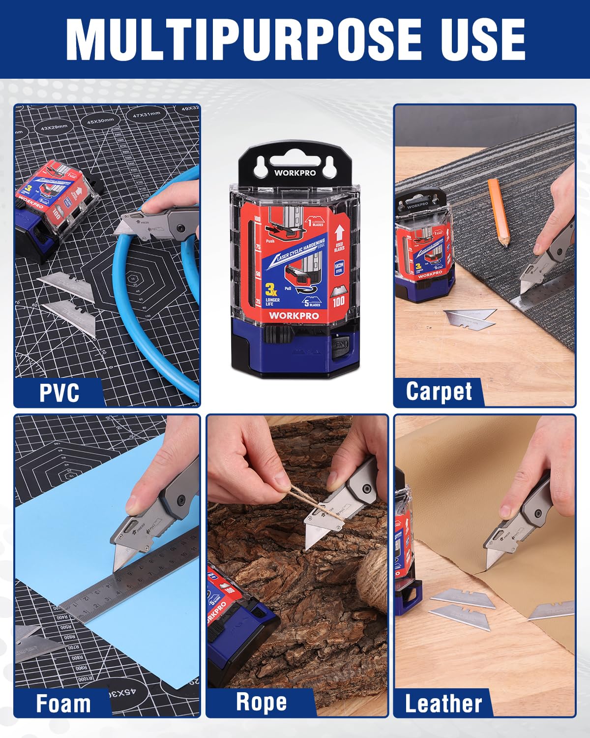 WORKPRO wall-mount dispenser keeps blades organized and accessible.