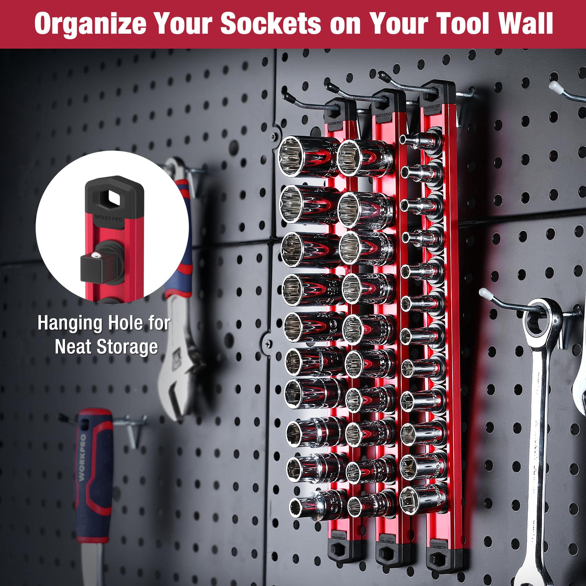 WORKPRO socket tray wall-mount hole enables secure hanging on metal surfaces.