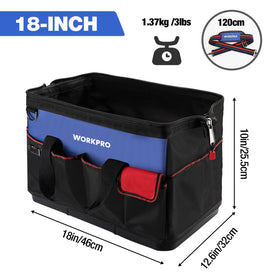 WORKPRO tool bag with waterproof base keeps contents dry in damp job sites.