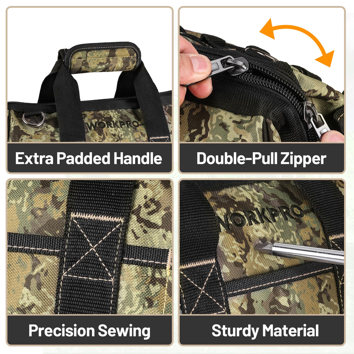 WORKPRO waterproof Oxford fabric shields tools in wet conditions.