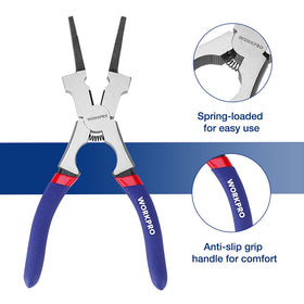 Multi-function head on WORKPRO pliers supports wire cutting and tip installation.