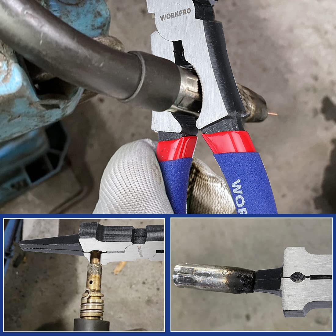 In-use WORKPRO welding pliers in a workshop setting for versatile tasks.