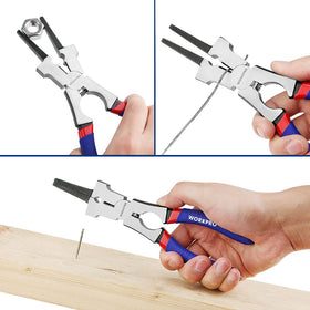 Image shows nozzle-tip removal and splatter cleaning with WORKPRO pliers.