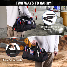WORKPRO wide-application bag suits electrical, plumbing, carpentry, and DIY tasks.