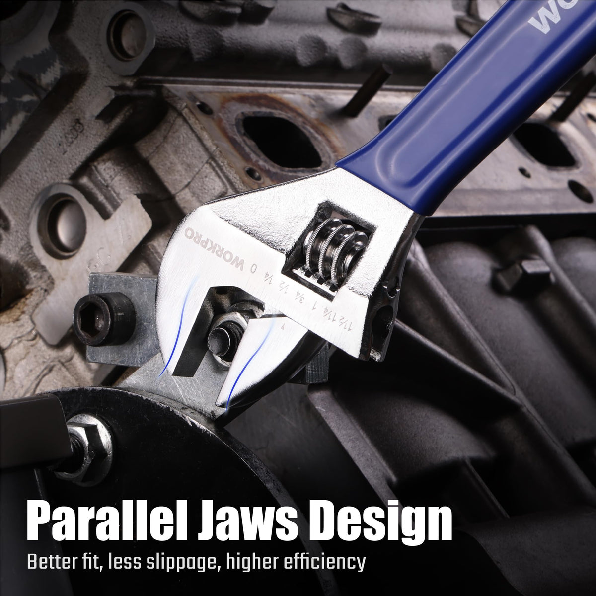 WORKPRO wide jaw wrench 12-inch tackles big bolts with precise adjustment and chrome finish.