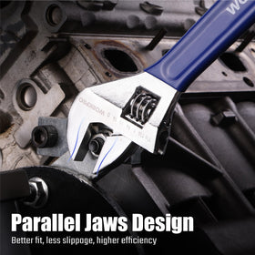 WORKPRO wide jaw wrench 12-inch tackles big bolts with precise adjustment and chrome finish.