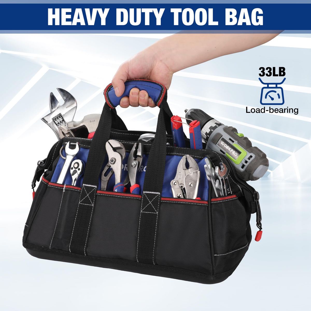 WORKPRO internal metal frame supports the wide-mouth opening for easy access.
