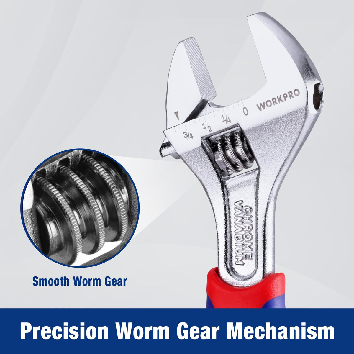 WORKPRO wrench forged from CR-V steel for high strength and long-lasting performance.