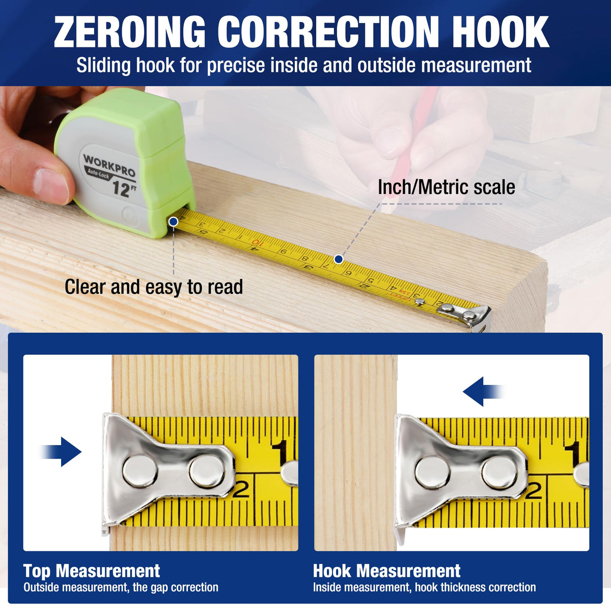 WORKPRO wrist-strap pocket-size tape measure ready for quick access