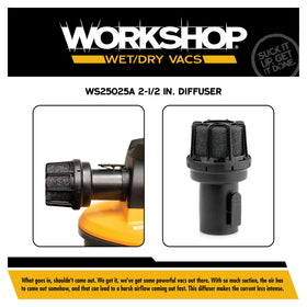 WORKSHOP diffuser attached to 2-1/2 inch exhaust port for broad compatibility.