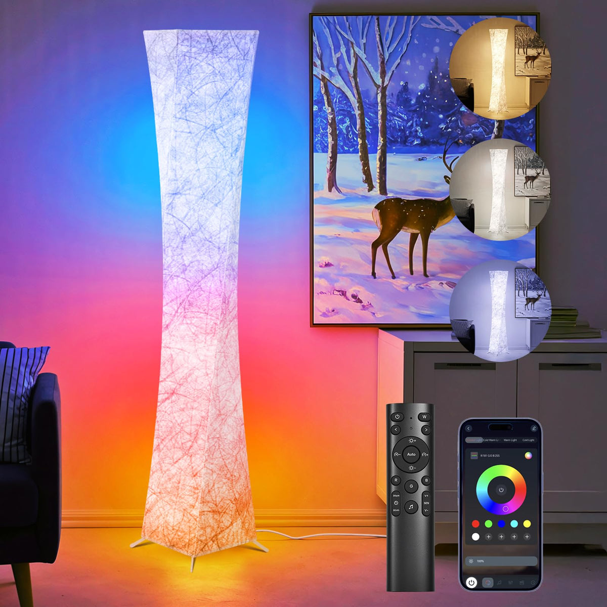 World Win 61-inch floor lamp provides warm ambient lighting for cozy living rooms
