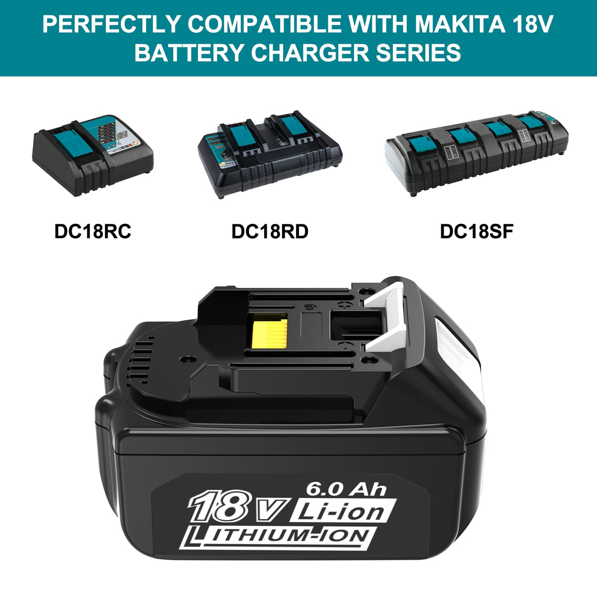 Worthmah battery demonstrating compatibility with Makita 18V tools and chargers.
