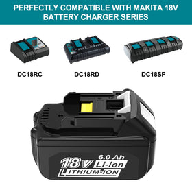 Worthmah battery demonstrating compatibility with Makita 18V tools and chargers.