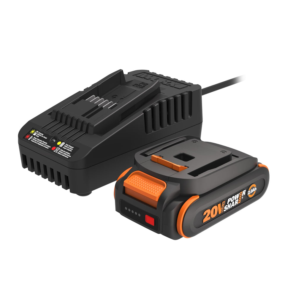 WORX 20V PowerShare battery showing cooler operation and durable design for long use.