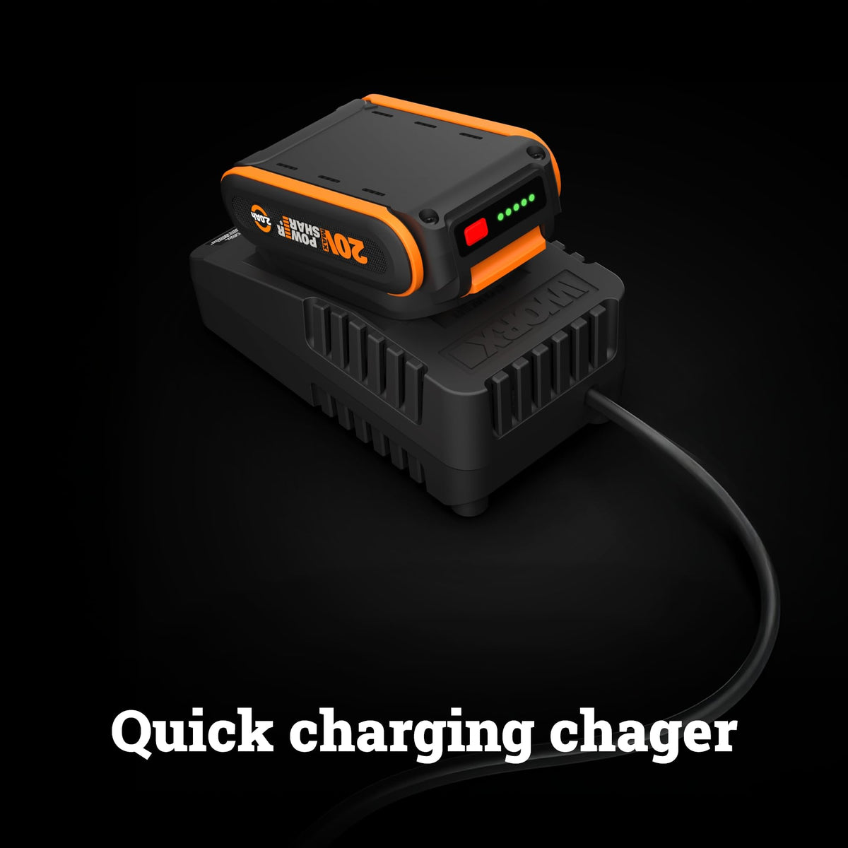 WORX 20V quick charger with indicator and long cord for convenient charging anywhere.