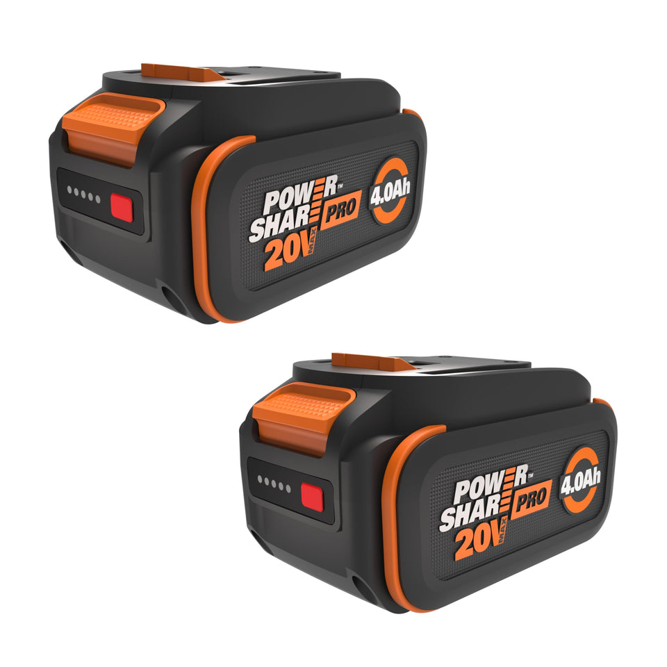 WORX 20V 4.0Ah PowerShare Pro battery front view showing form factor.