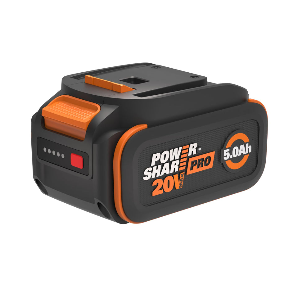 WORX WA3675 5.0 Ah PowerShare Pro battery from a side view, highlighting extended runtime.