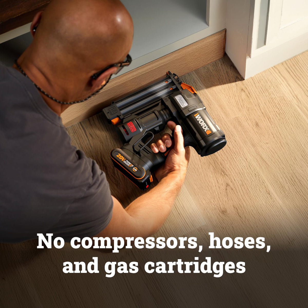 WORX 20V brad nailer uses Air Impact Technology to drive nails into hardwood.