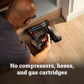 WORX 20V brad nailer uses Air Impact Technology to drive nails into hardwood.