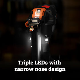 WORX cordless brad nailer triple LED light brightens dark workspaces.