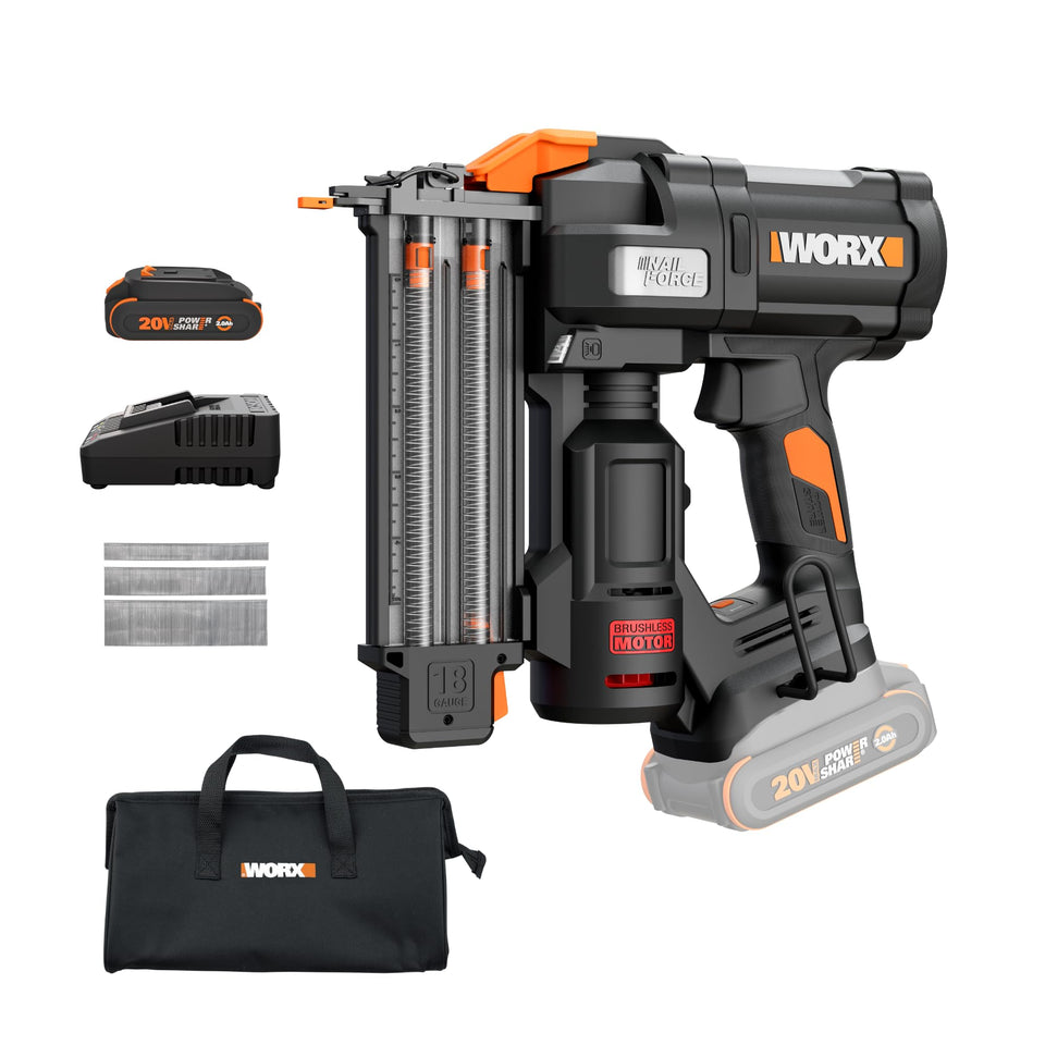 WORX Brad Nailer with a narrow nose for precise baseboard installation.