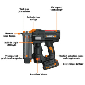 WORX cordless nailer with quick jam release saves time on site.